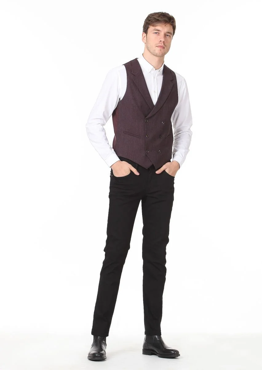 Bordo Düz Casual Yelek - 3