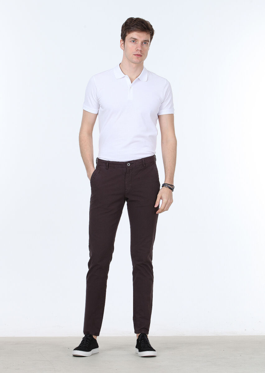 Bordo Düz Dokuma Regular Fit Casual Pamuk Karışımlı Pantolon - 1