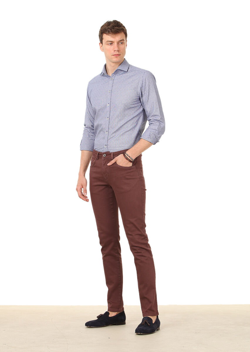 Bordo Düz Dokuma Slim Fit Casual Pamuk Karışımlı Pantolon - 2