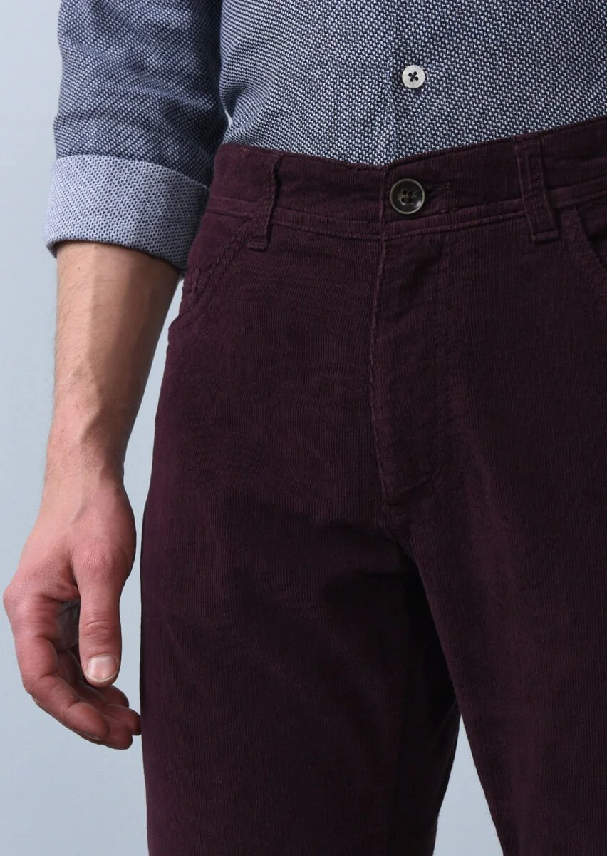 Bordo Düz Dokuma Slim Fit Casual Pamuk Karışımlı Pantolon - 3