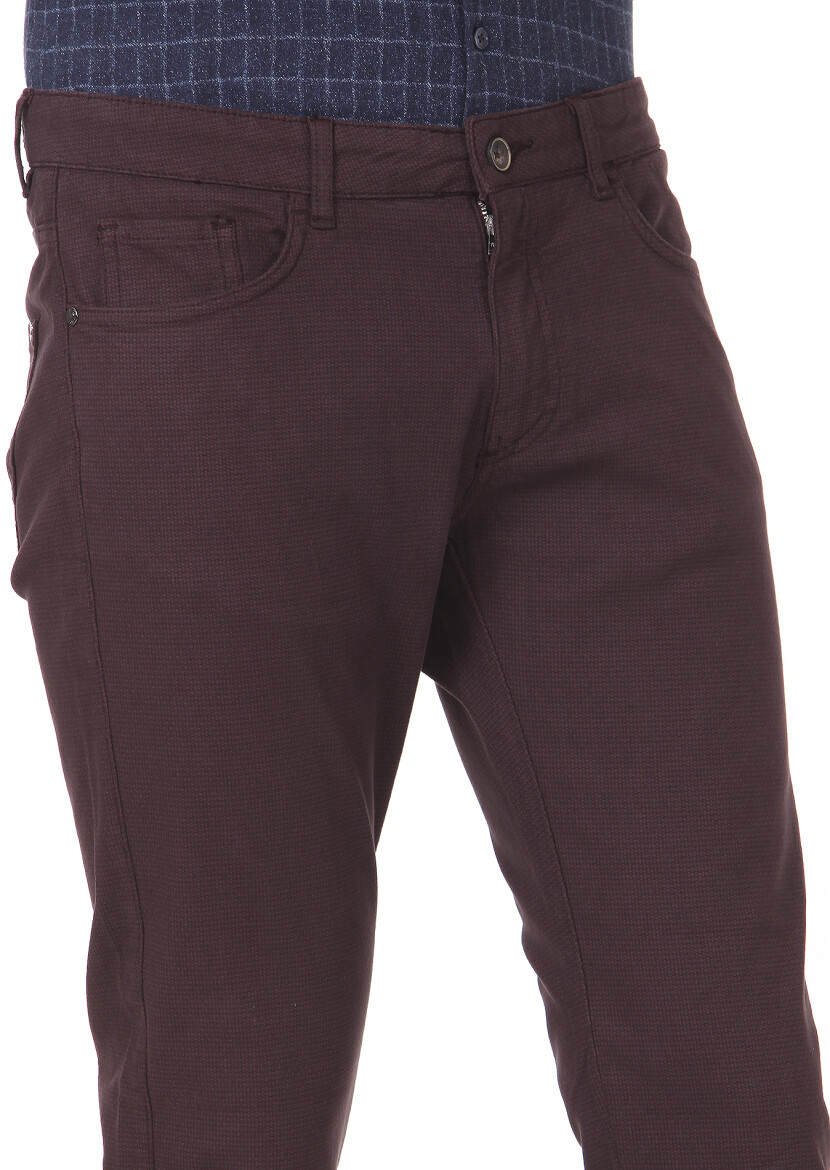 Bordo Düz Dokuma Slim Fit Casual Pamuk Karışımlı Pantolon - 3