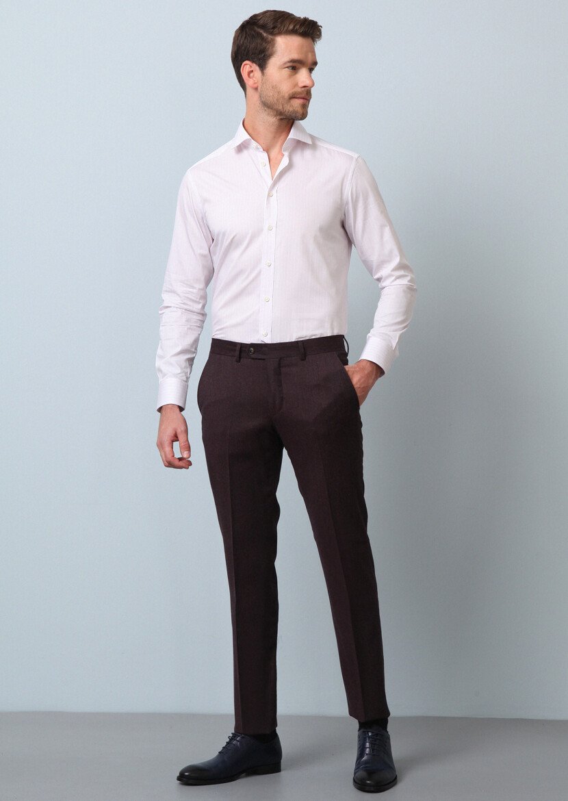 Bordo Düz Kumaş Modern Fit Klasik %100 Yün Pantolon - 1