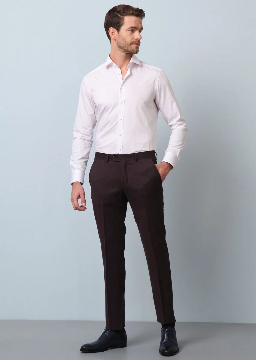 Bordo Düz Kumaş Modern Fit Klasik %100 Yün Pantolon - 1