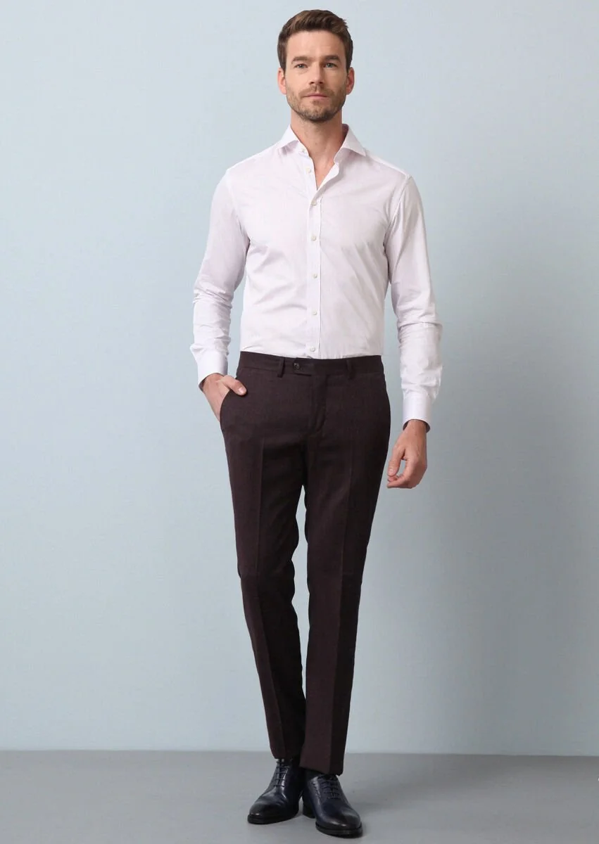 Bordo Düz Kumaş Modern Fit Klasik %100 Yün Pantolon - 2