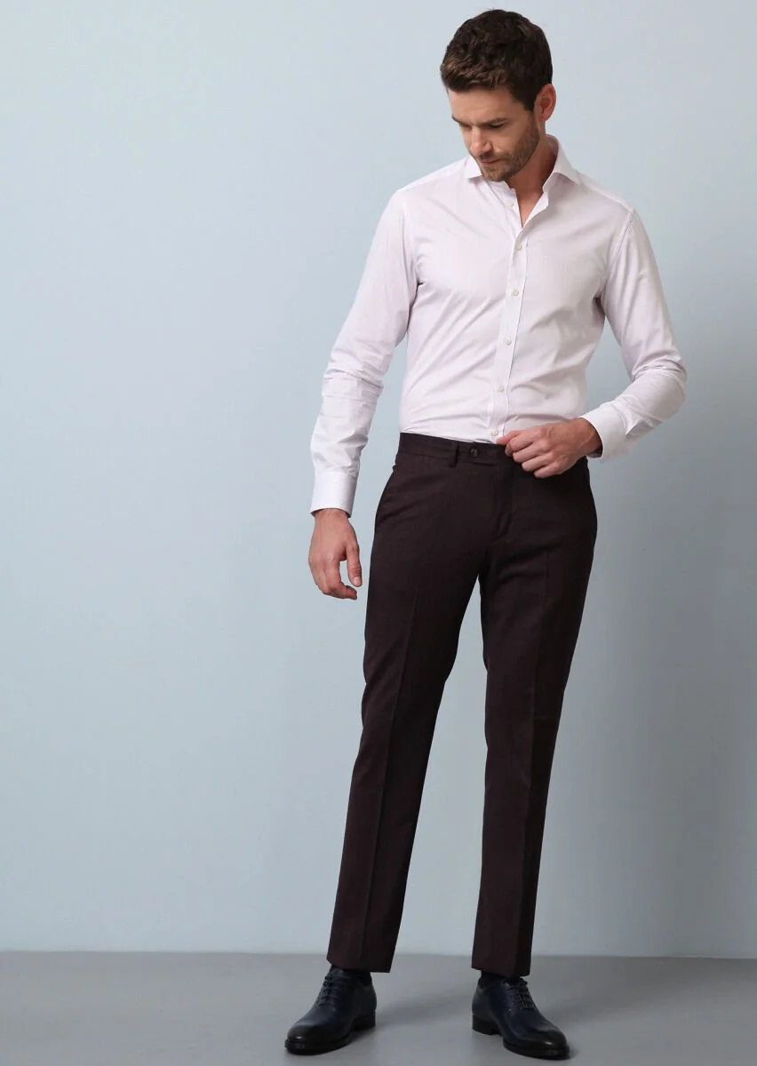 Bordo Düz Kumaş Modern Fit Klasik %100 Yün Pantolon - 4