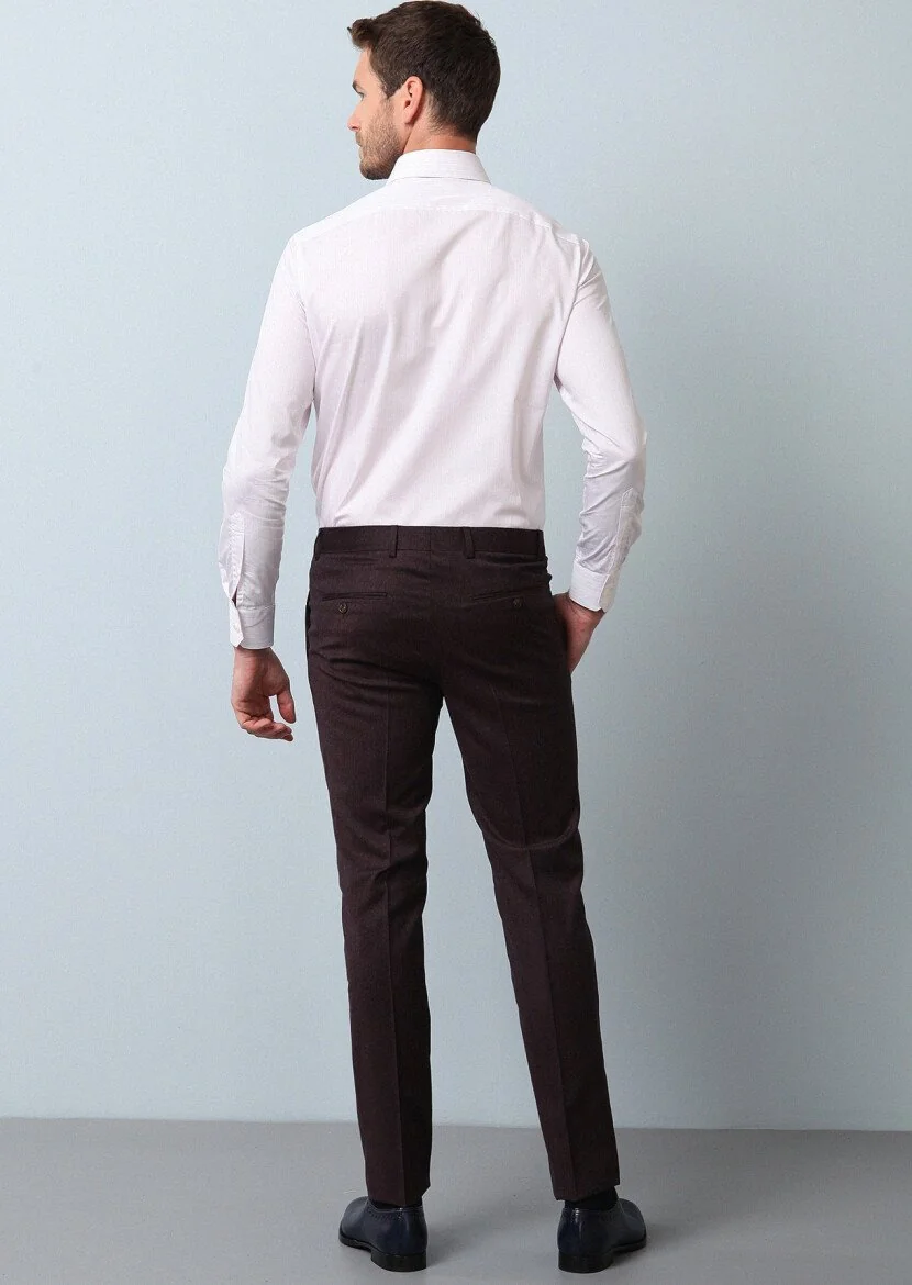 Bordo Düz Kumaş Modern Fit Klasik %100 Yün Pantolon - 5