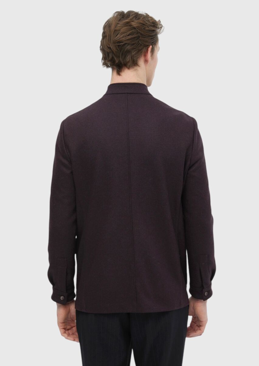 Bordo Düz Shirt Shoulder Slim Fit Yün Karışımlı Örme Ceket - 7