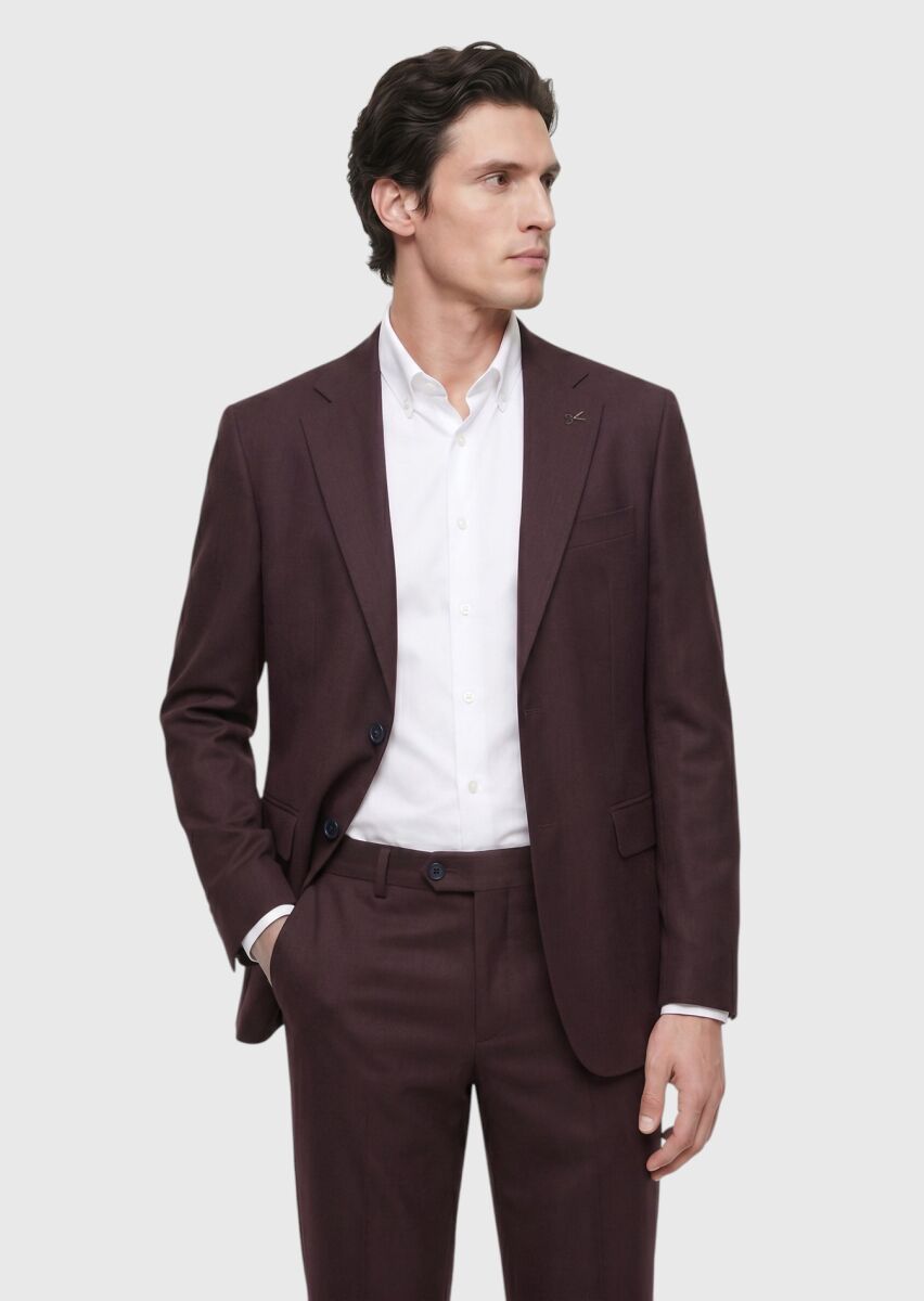 Bordo Düz Zeroweight Slim Fit Yün Karışımlı Takım Elbise - 1
