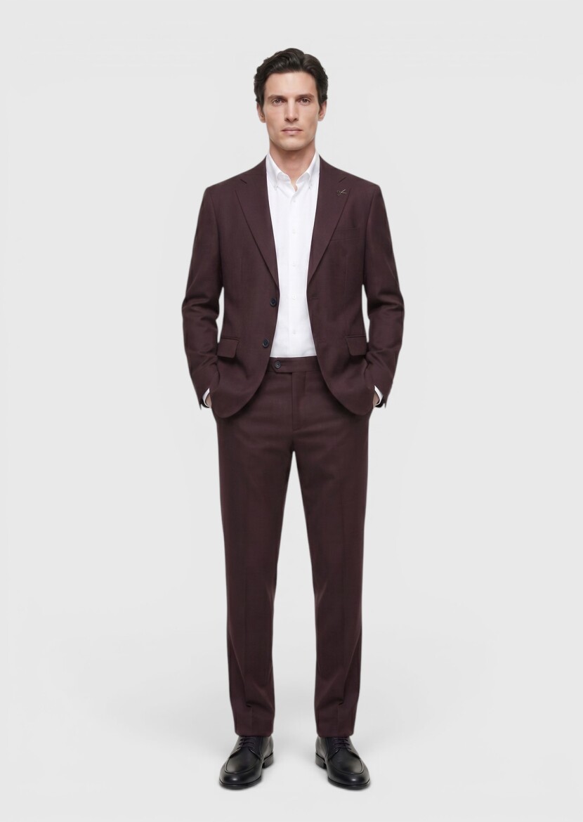 Bordo Düz Zeroweight Slim Fit Yün Karışımlı Takım Elbise - RAMSEY