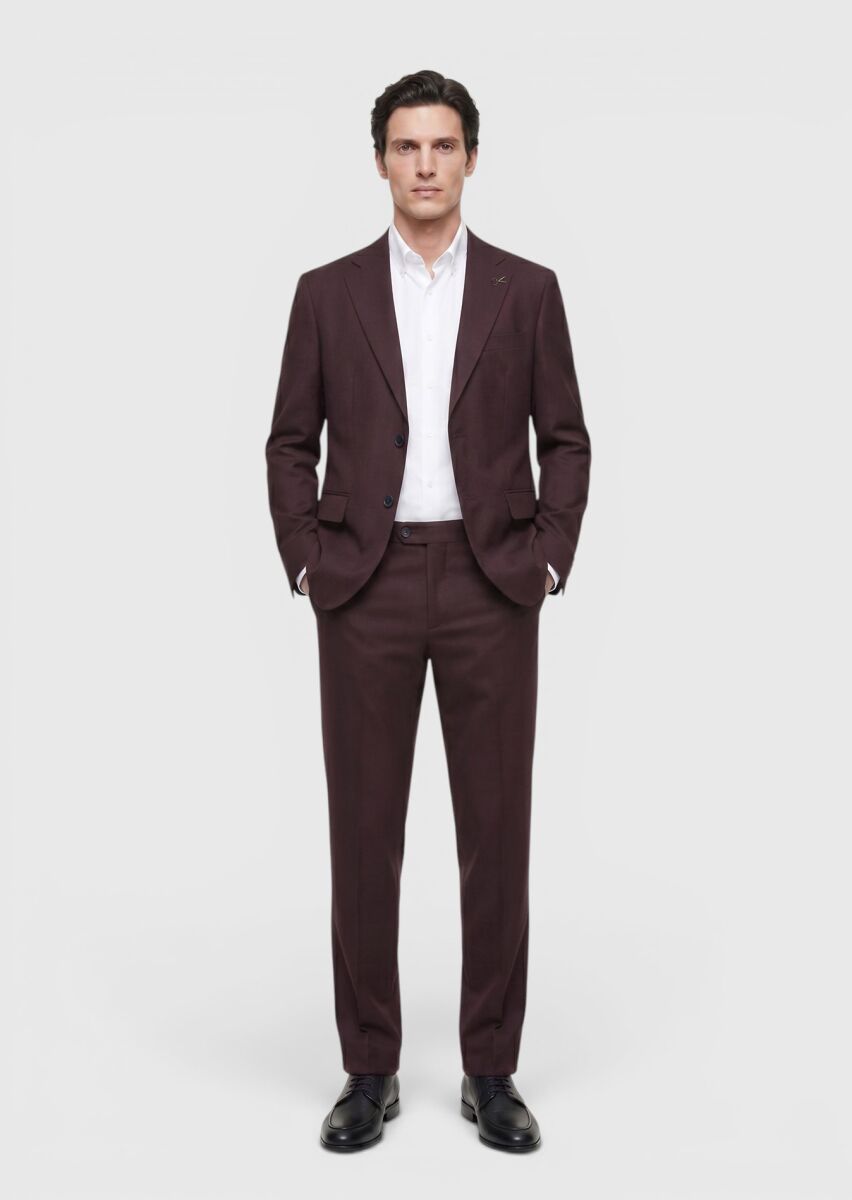 Bordo Düz Zeroweight Slim Fit Yün Karışımlı Takım Elbise - 2