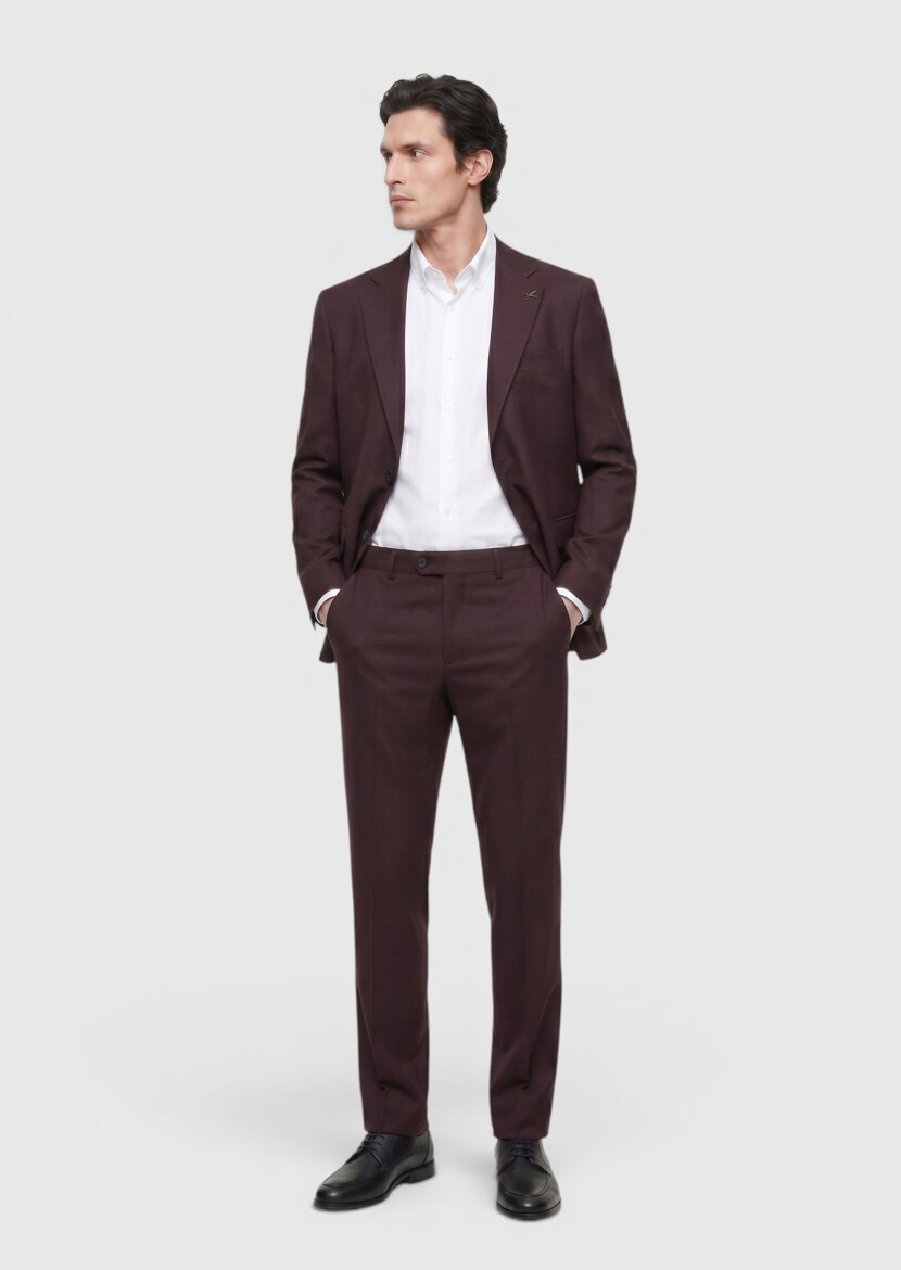 Bordo Düz Zeroweight Slim Fit Yün Karışımlı Takım Elbise - 3
