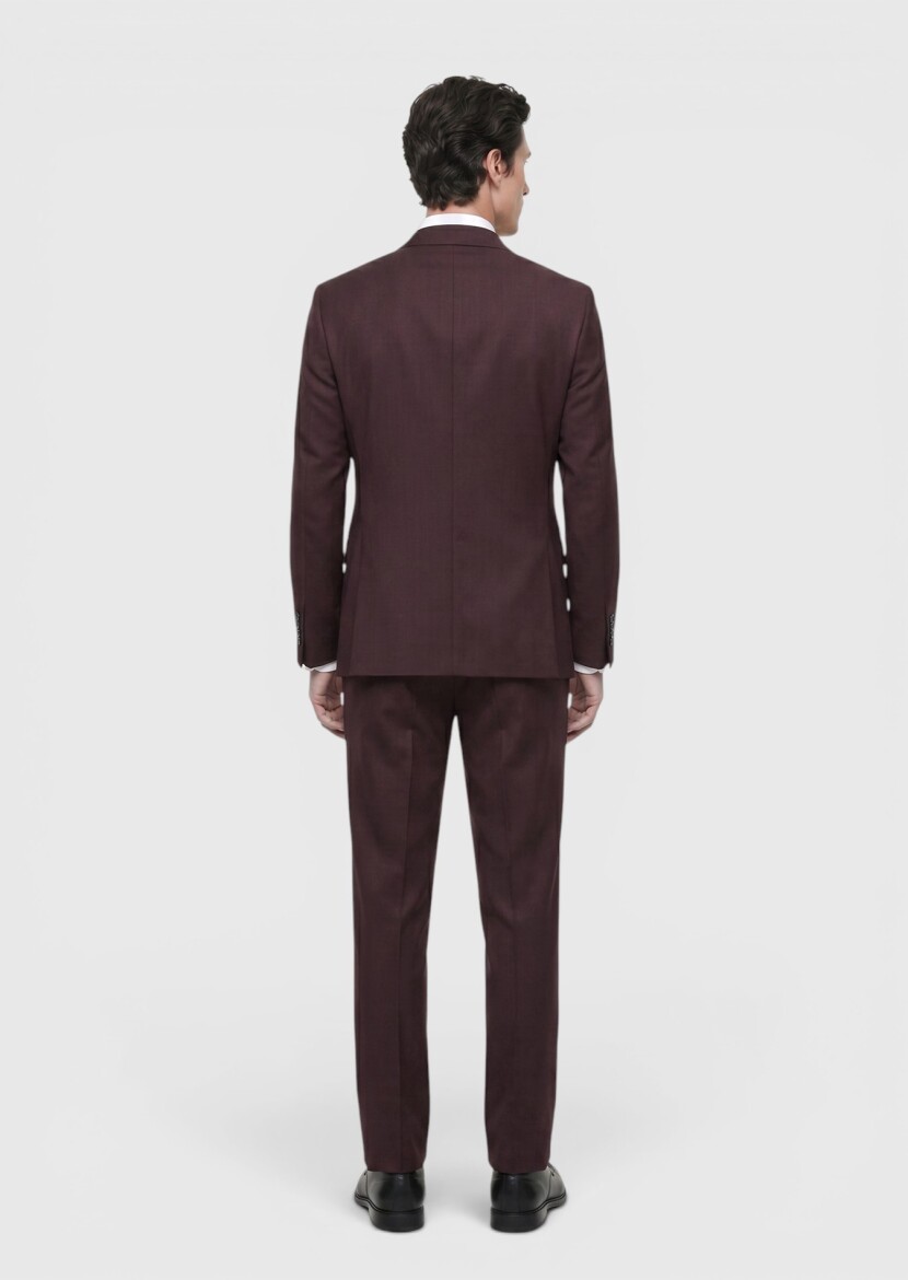 Bordo Düz Zeroweight Slim Fit Yün Karışımlı Takım Elbise - 4