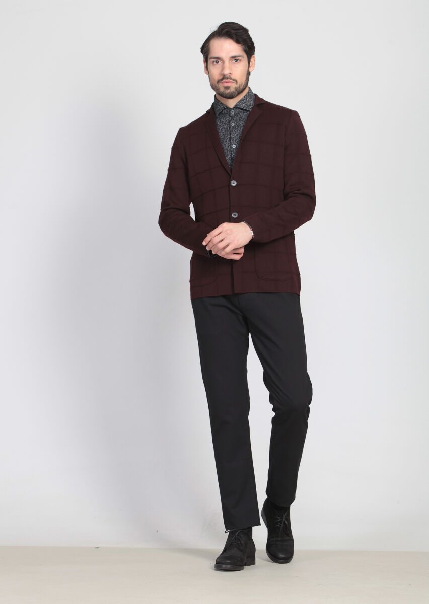 Bordo Jakarlı Yün Karışımlı Hırka - 3