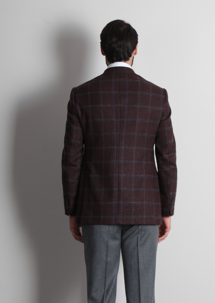 Bordo Kareli Regular Fit Yün Karışımlı Ceket - 4