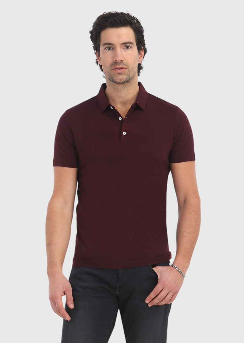 Bordo Polo Yaka %100 Pamuk T-Shirt - 2