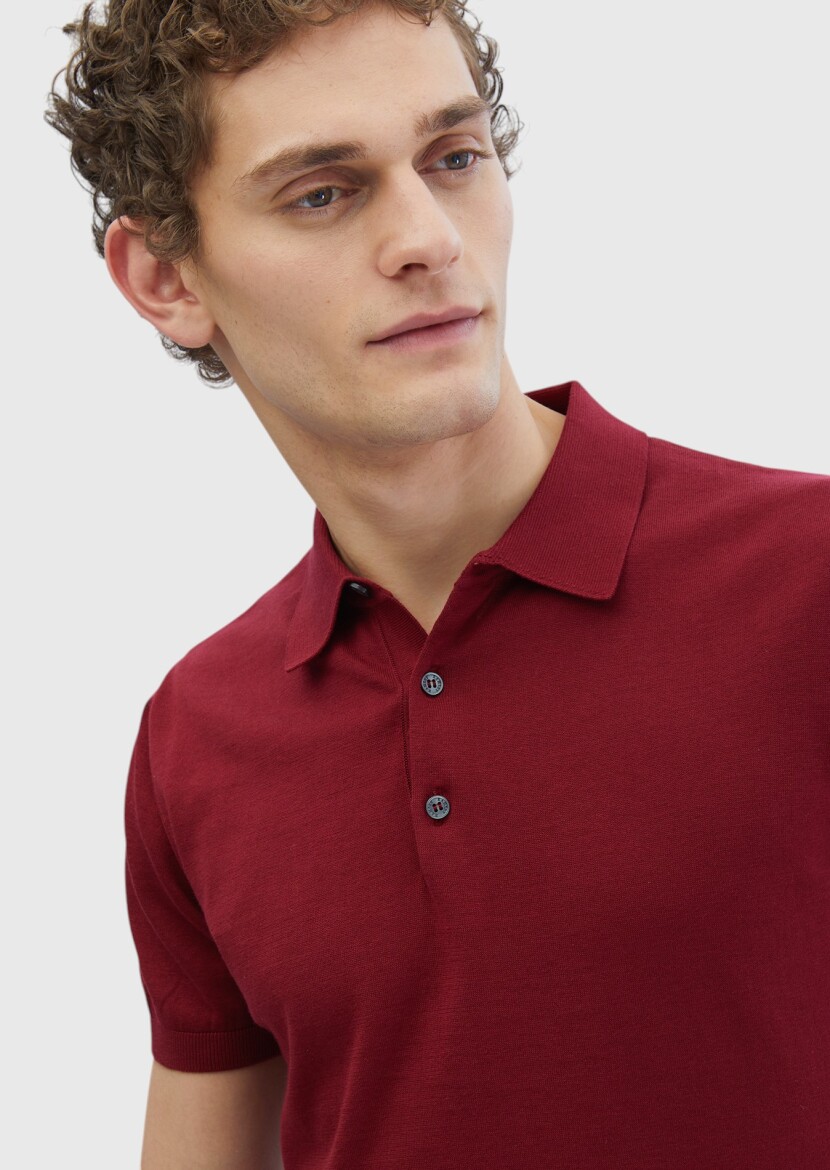 Bordo Polo Yaka %100 Pamuk Triko - 3