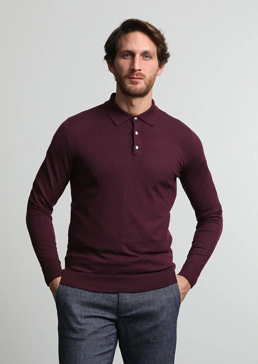 Bordo Polo Yaka Düz Örgü Triko Kazak - 1