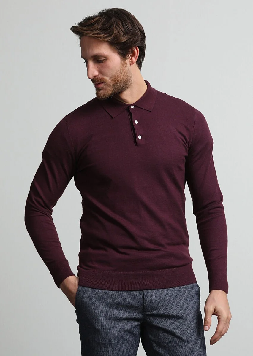 Bordo Polo Yaka Düz Örgü Triko Kazak - 3