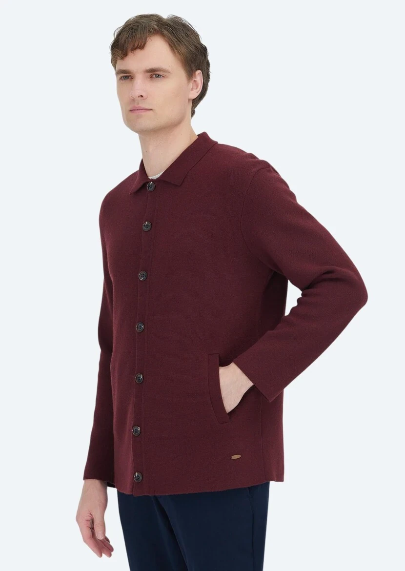 Bordo Polo Yaka Düz Örgü Yün Karışımlı Hırka - 3