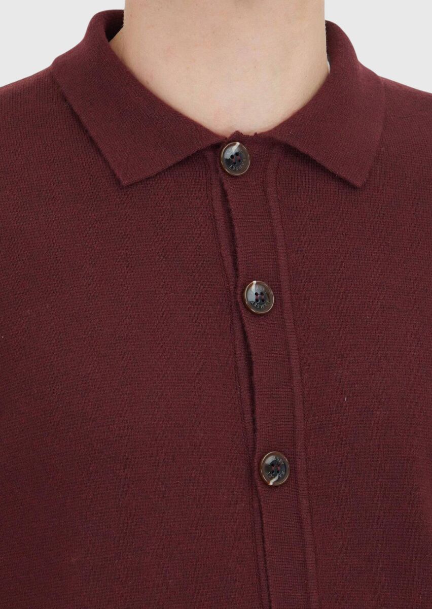 Bordo Polo Yaka Düz Örgü Yün Karışımlı Hırka - 4