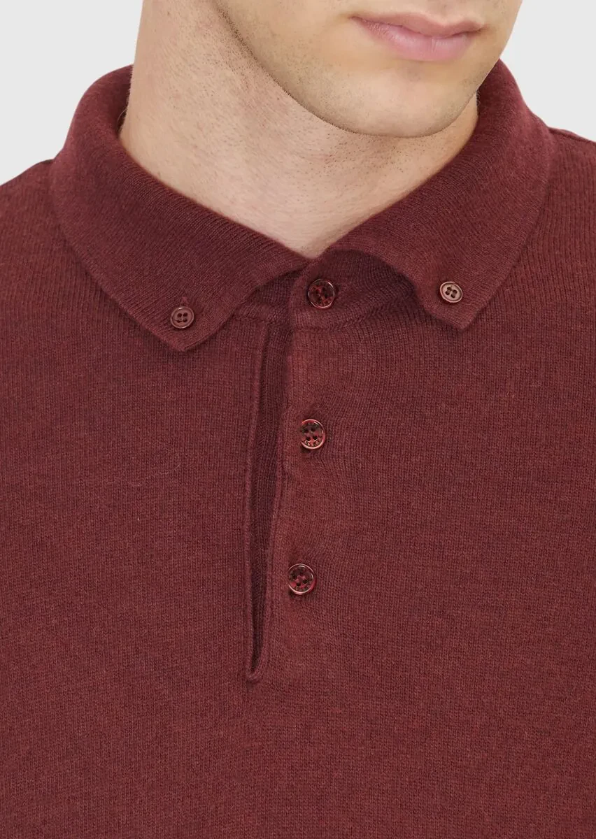 Bordo Polo Yaka Düz Örgü Yün Karışımlı Triko Kazak - 5