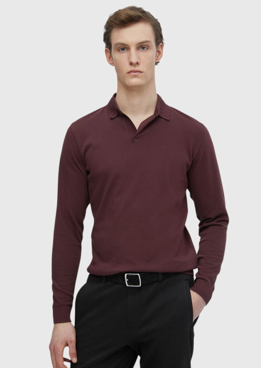 Bordo Polo Yaka Düz Sweatshırt - 3