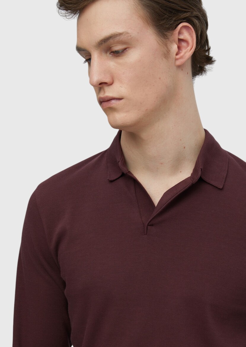 Bordo Polo Yaka Düz Sweatshırt - 4