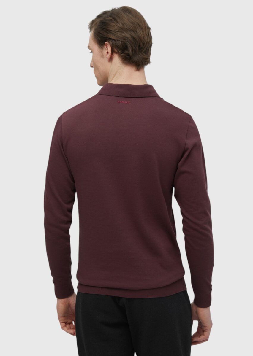 Bordo Polo Yaka Düz Sweatshırt - 6