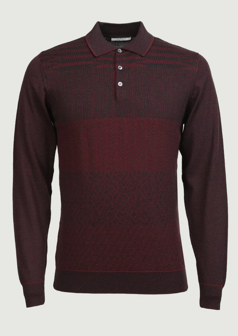 Bordo Polo Yaka Jakarlı %100 Yün Triko Kazak - 1