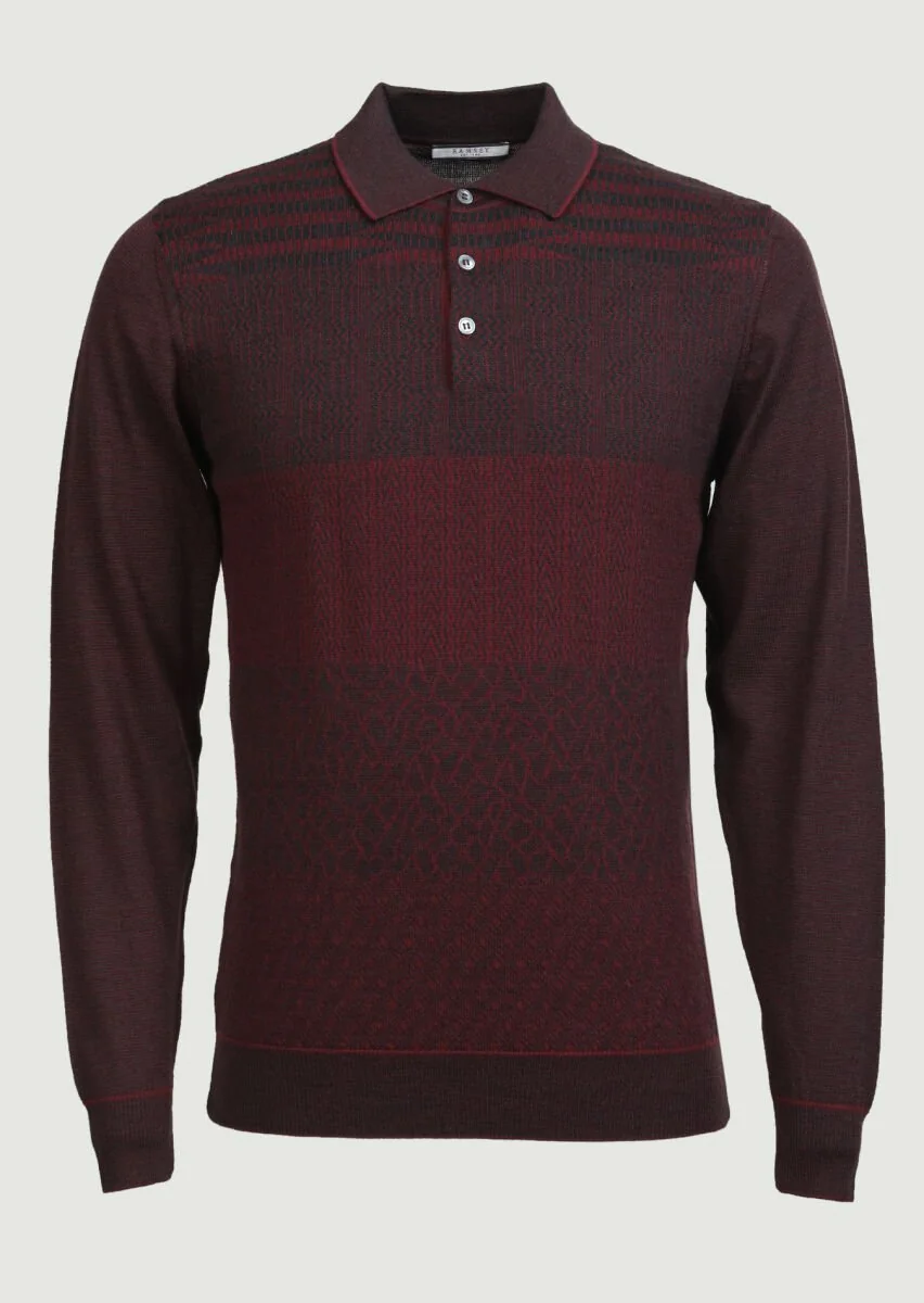 Bordo Polo Yaka Jakarlı %100 Yün Triko Kazak - 1