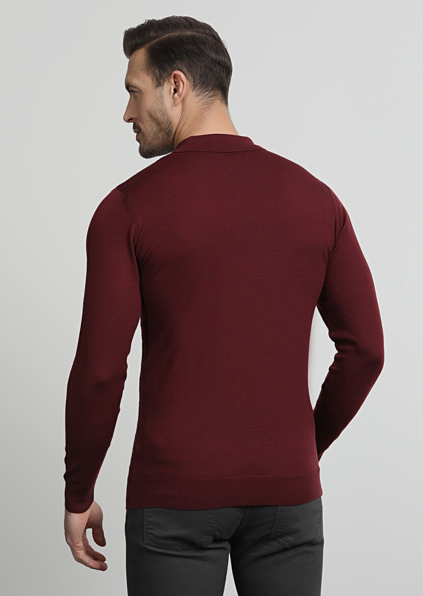 Bordo Polo Yaka Jakarlı %100 Yün Triko Kazak - 4