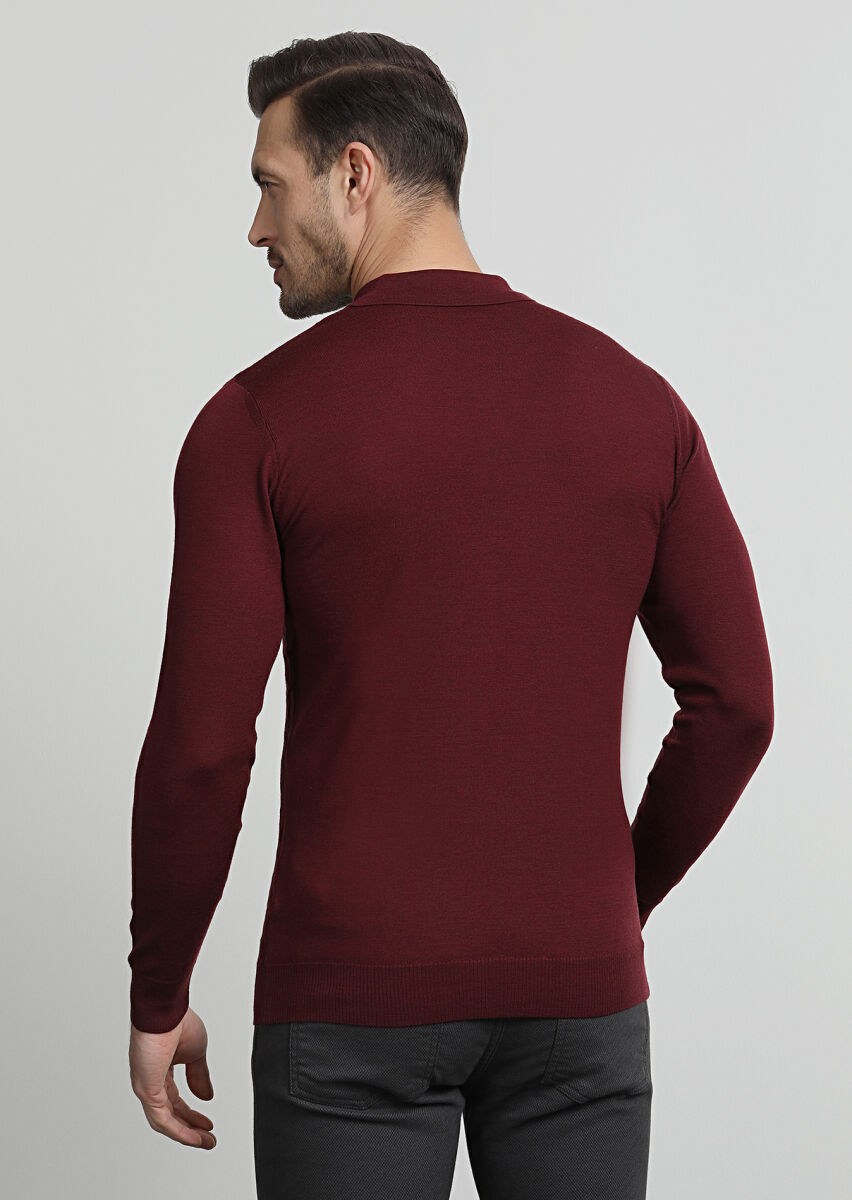 Bordo Polo Yaka Jakarlı %100 Yün Triko Kazak - 4