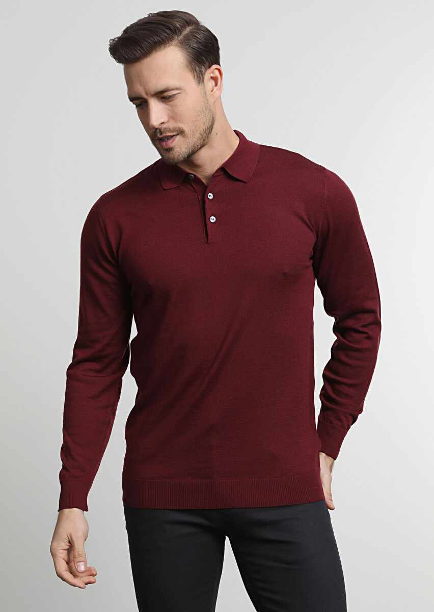 Bordo Polo Yaka Jakarlı %100 Yün Triko Kazak - 3