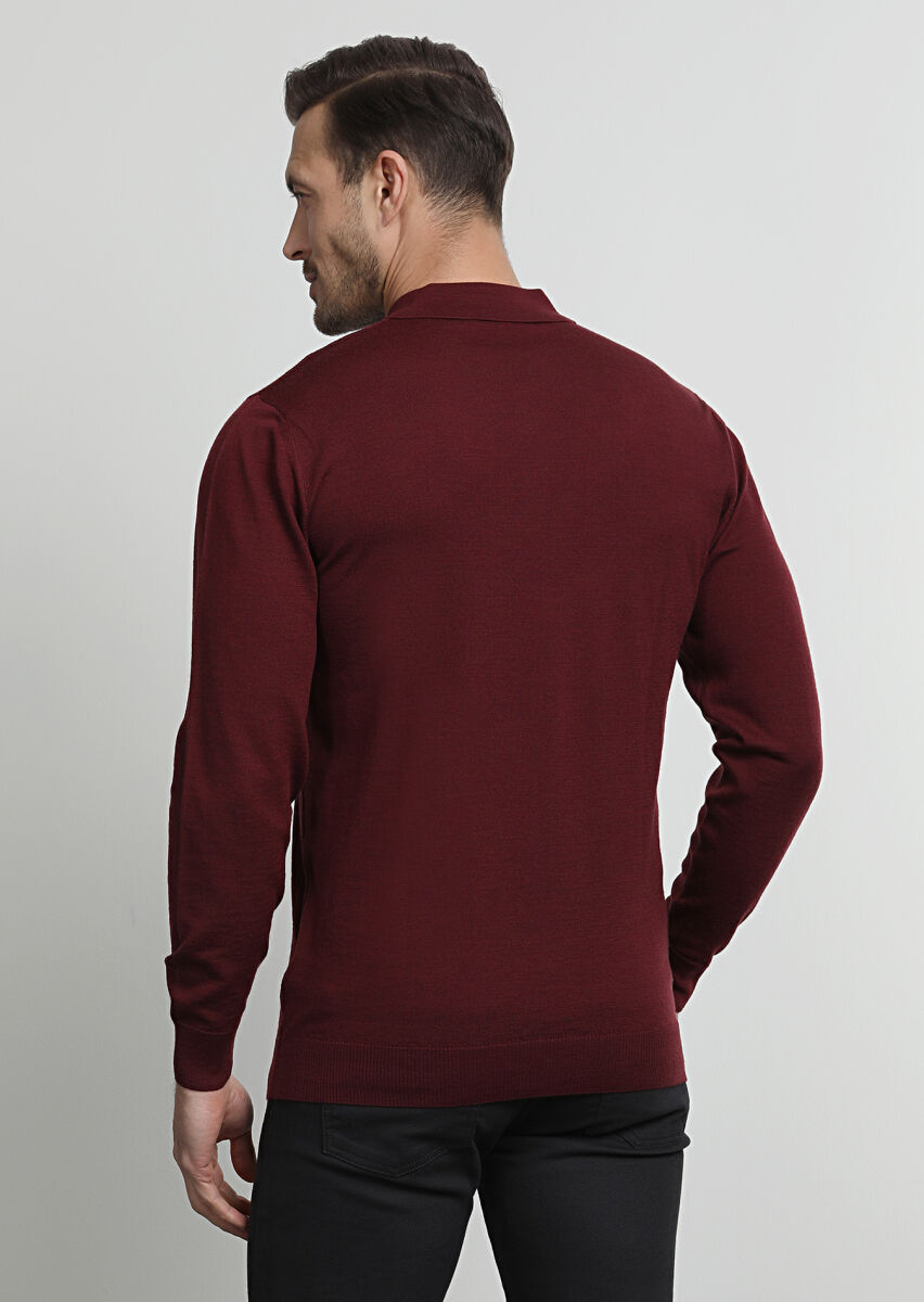Bordo Polo Yaka Jakarlı %100 Yün Triko Kazak - 4