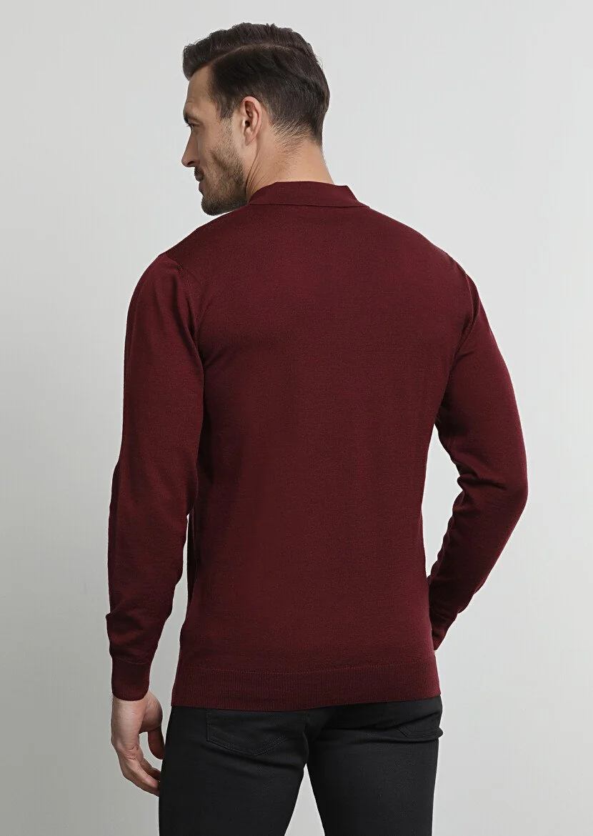 Bordo Polo Yaka Jakarlı %100 Yün Triko Kazak - 4