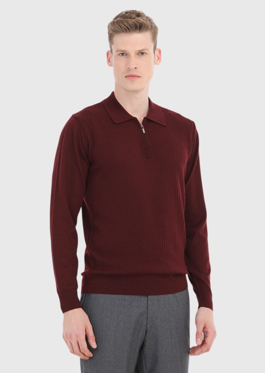Bordo Polo Yaka Jakarlı %100 Yün Triko Kazak - 2