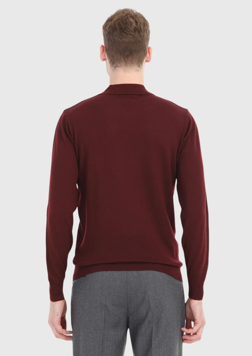 Bordo Polo Yaka Jakarlı %100 Yün Triko Kazak - 4
