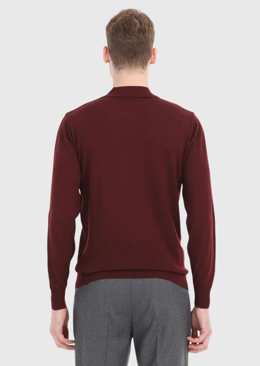Bordo Polo Yaka Jakarlı %100 Yün Triko Kazak - 4