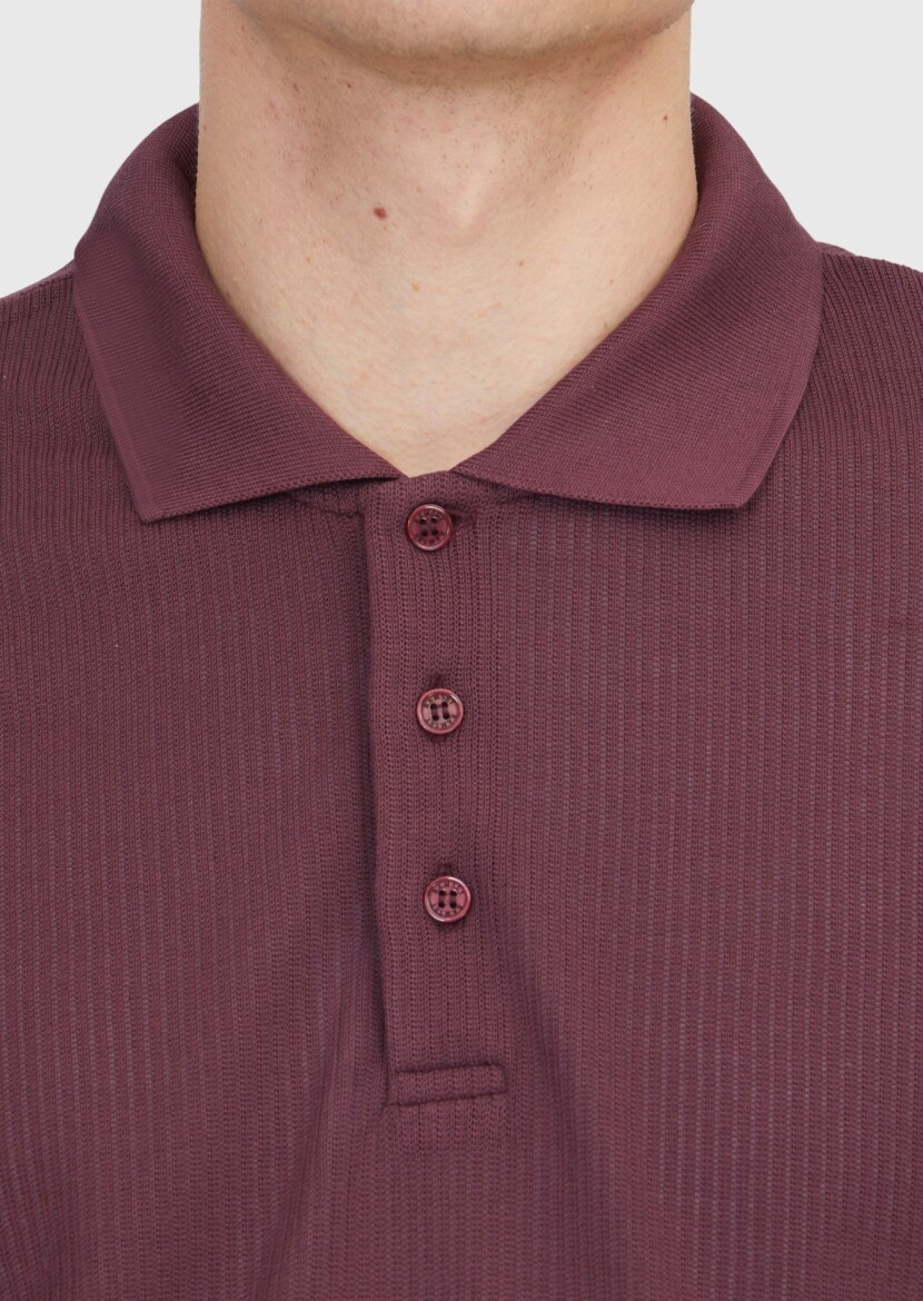 Bordo Polo Yaka Jakarlı Sweatshırt - 4