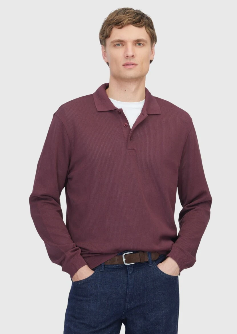 Bordo Polo Yaka Jakarlı Sweatshırt - 1