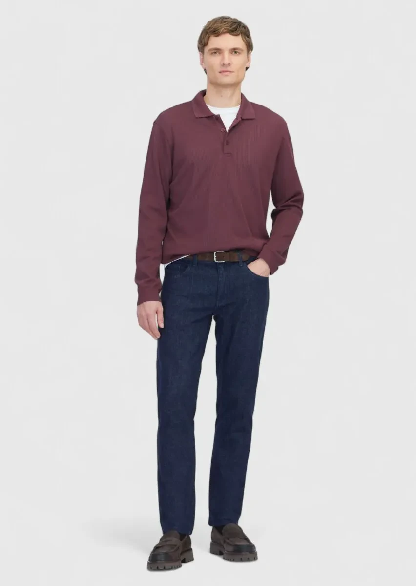Bordo Polo Yaka Jakarlı Sweatshırt - 2