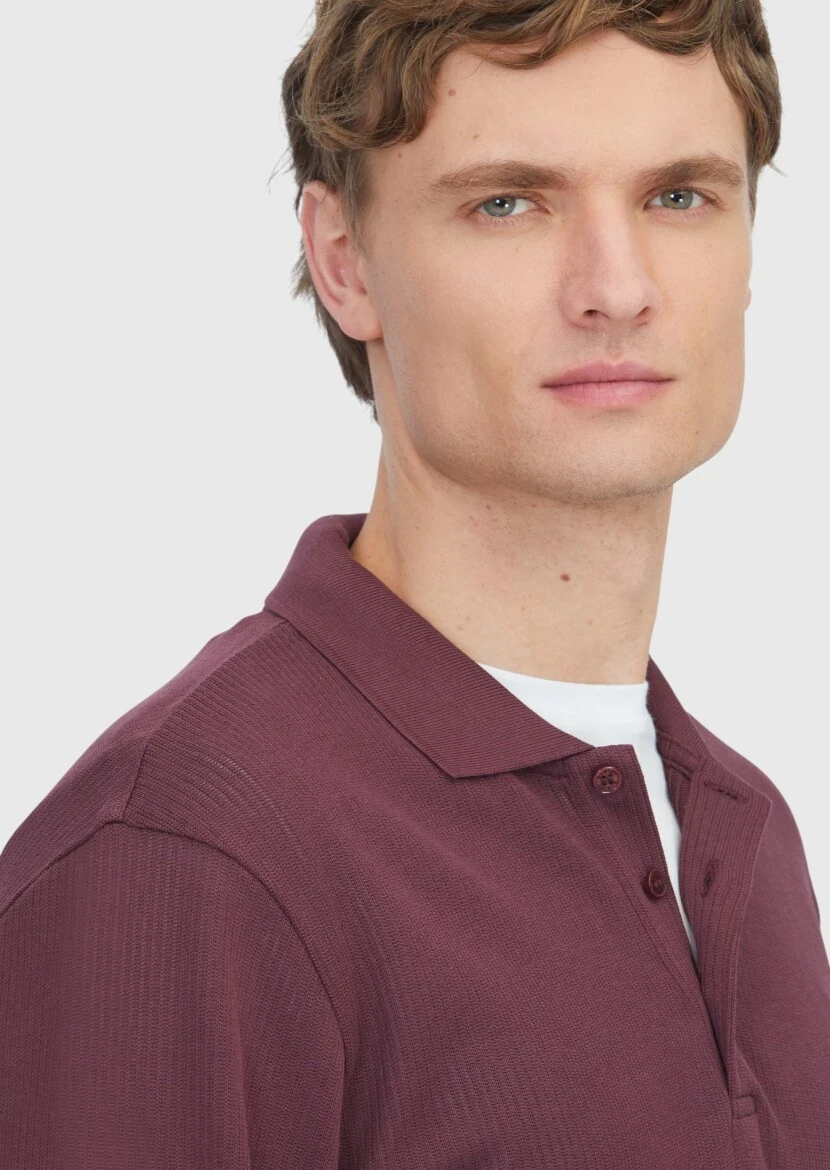 Bordo Polo Yaka Jakarlı Sweatshırt - 3