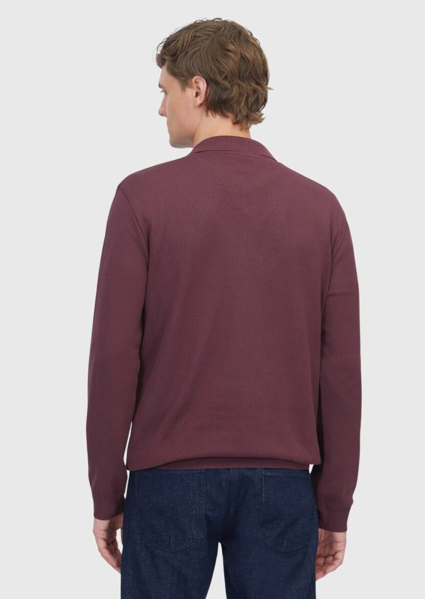 Bordo Polo Yaka Jakarlı Sweatshırt - 5