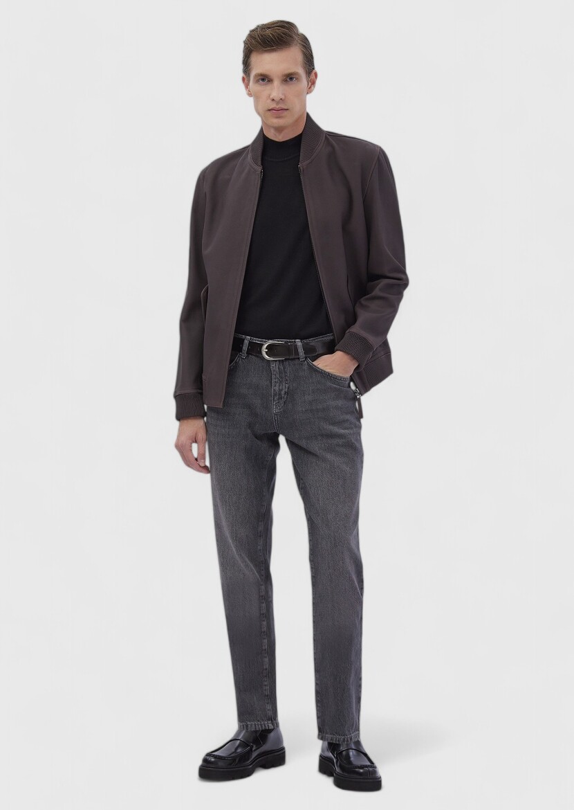 Bordo Regular Fit Dik Yaka Casual Deri Deri Mont - 2