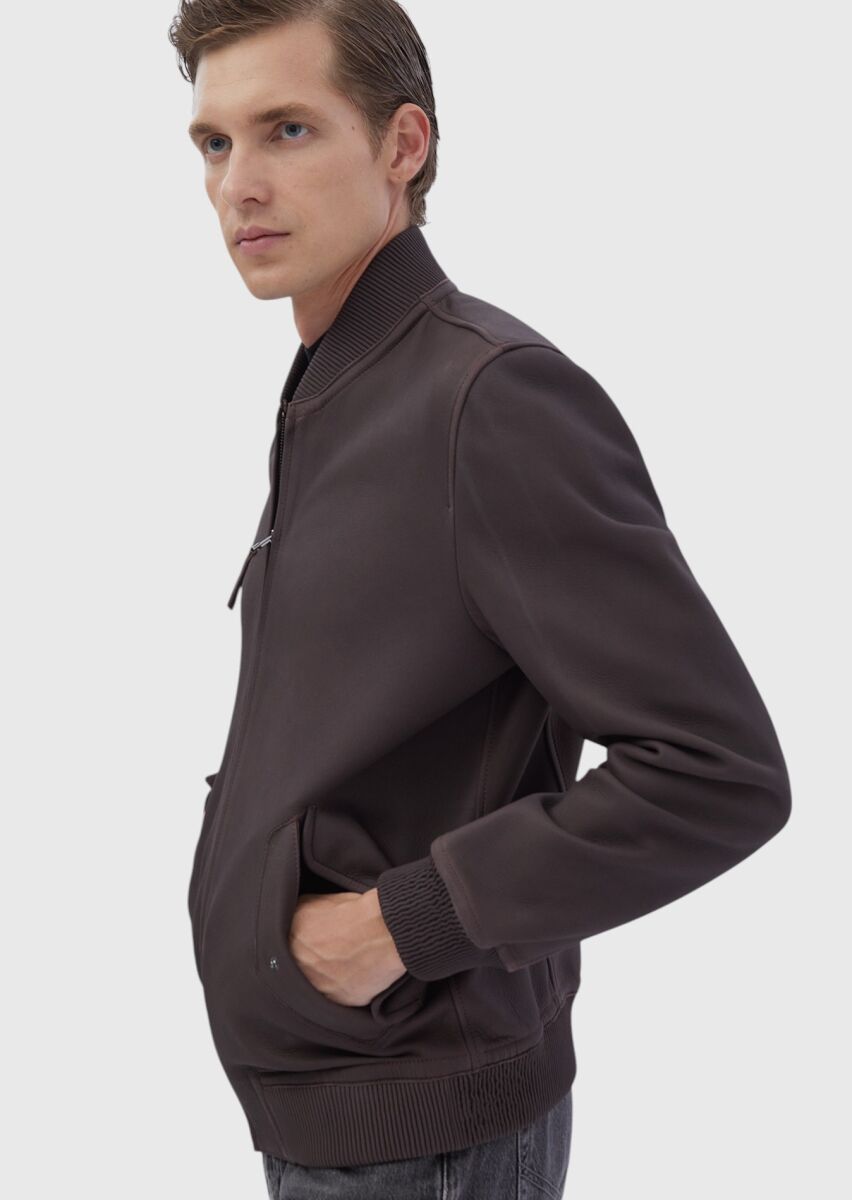 Bordo Regular Fit Dik Yaka Casual Deri Deri Mont - 3