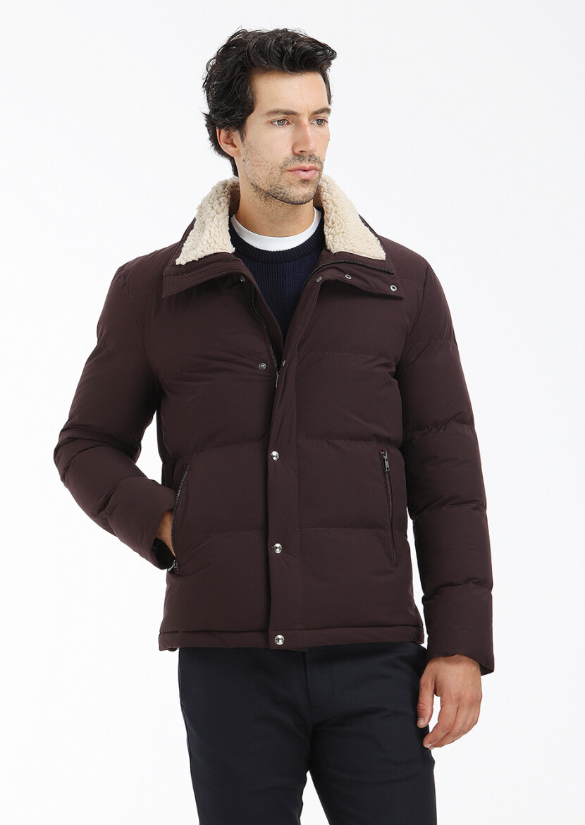 Bordo Regular Fit Dik Yaka Casual Dokuma Mont - 2