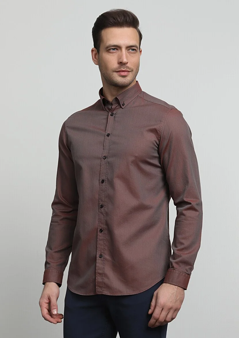 Bordo Regular Fit Dokuma Casual %100 Pamuk Gömlek - 3