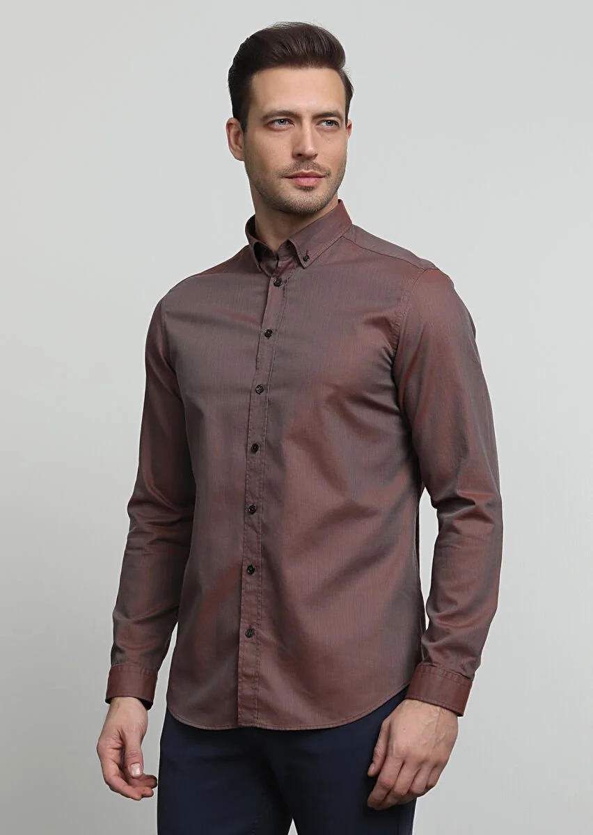 Bordo Regular Fit Dokuma Casual %100 Pamuk Gömlek - 3
