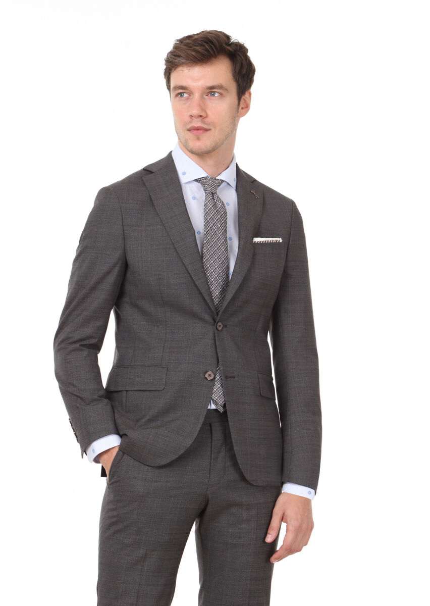 Brown Checkered Modern Fit 100% Wool Suit - 1