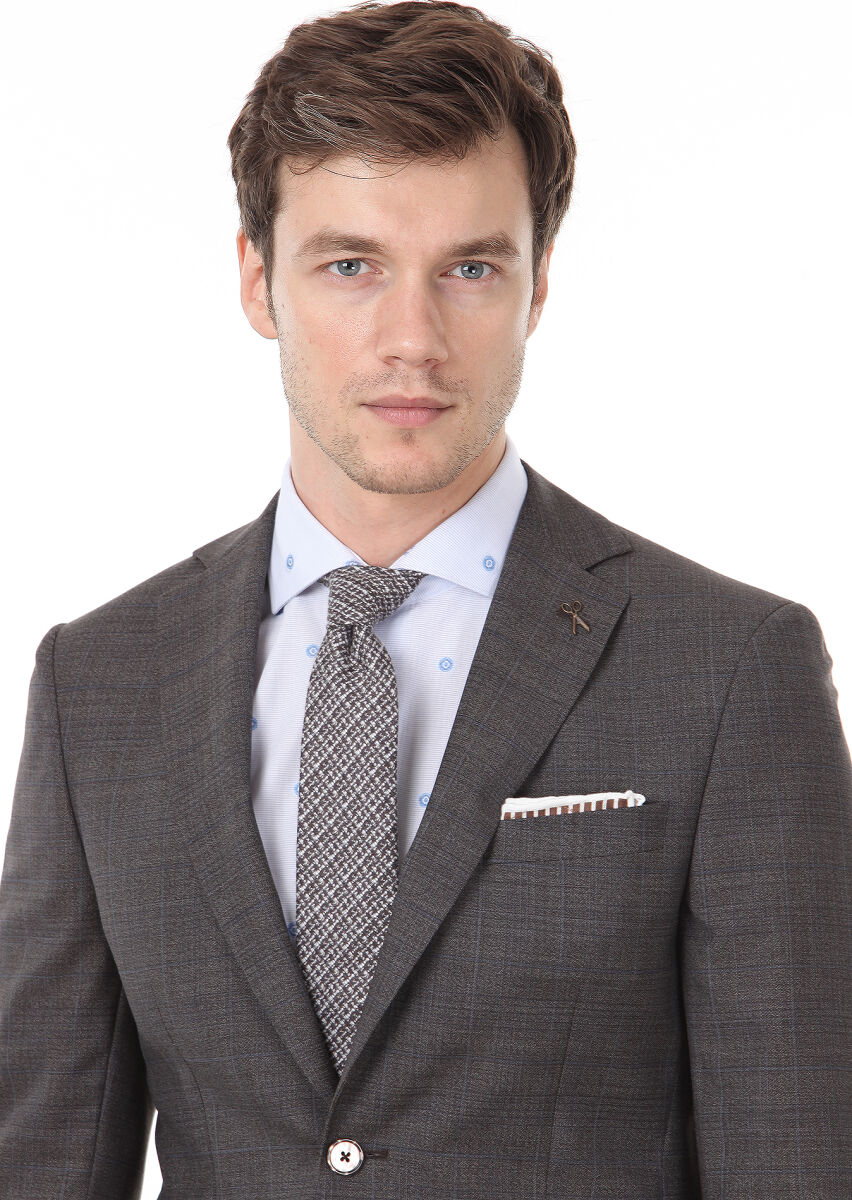 Brown Checkered Modern Fit 100% Wool Suit - 3